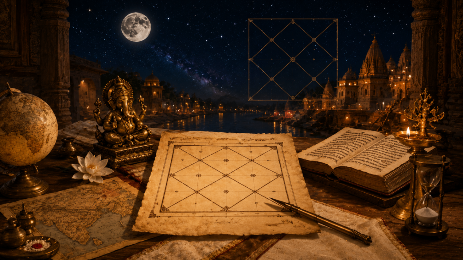 Carte de naissance védique Jyotish calculée à partir de la date, de l'heure et du lieu de naissance.